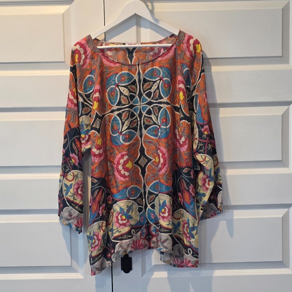 EUC: JOHNNY WAS Lentine Scarf Print Silk Blouse - Picture 4 of 9